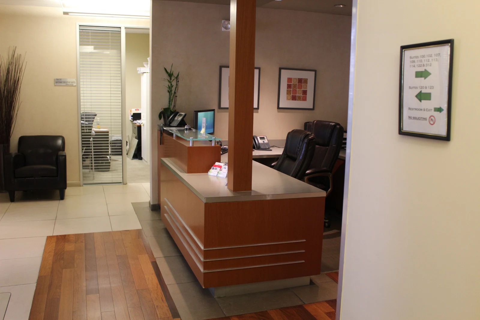 Reception counter and seating at Gateway Executive Suites, 500 East E Street